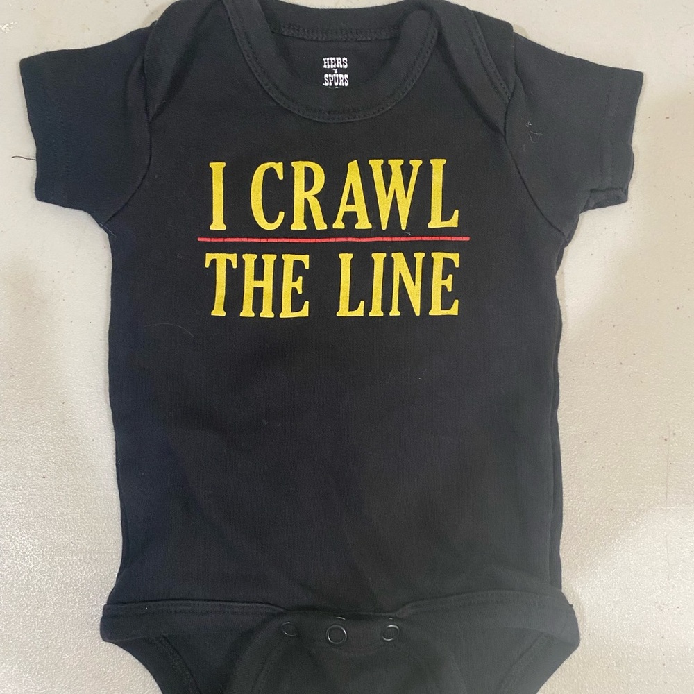His and Spurs, Short Sleeve Black Onesie, I CRAWL THE LINE 
3-6 months, 13 Lbs
